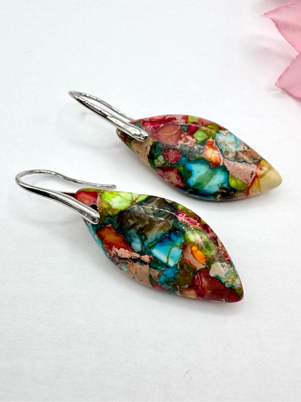 Colorful Dyed Composite Stone Earrings Silver Tone Ear Wires Modern
